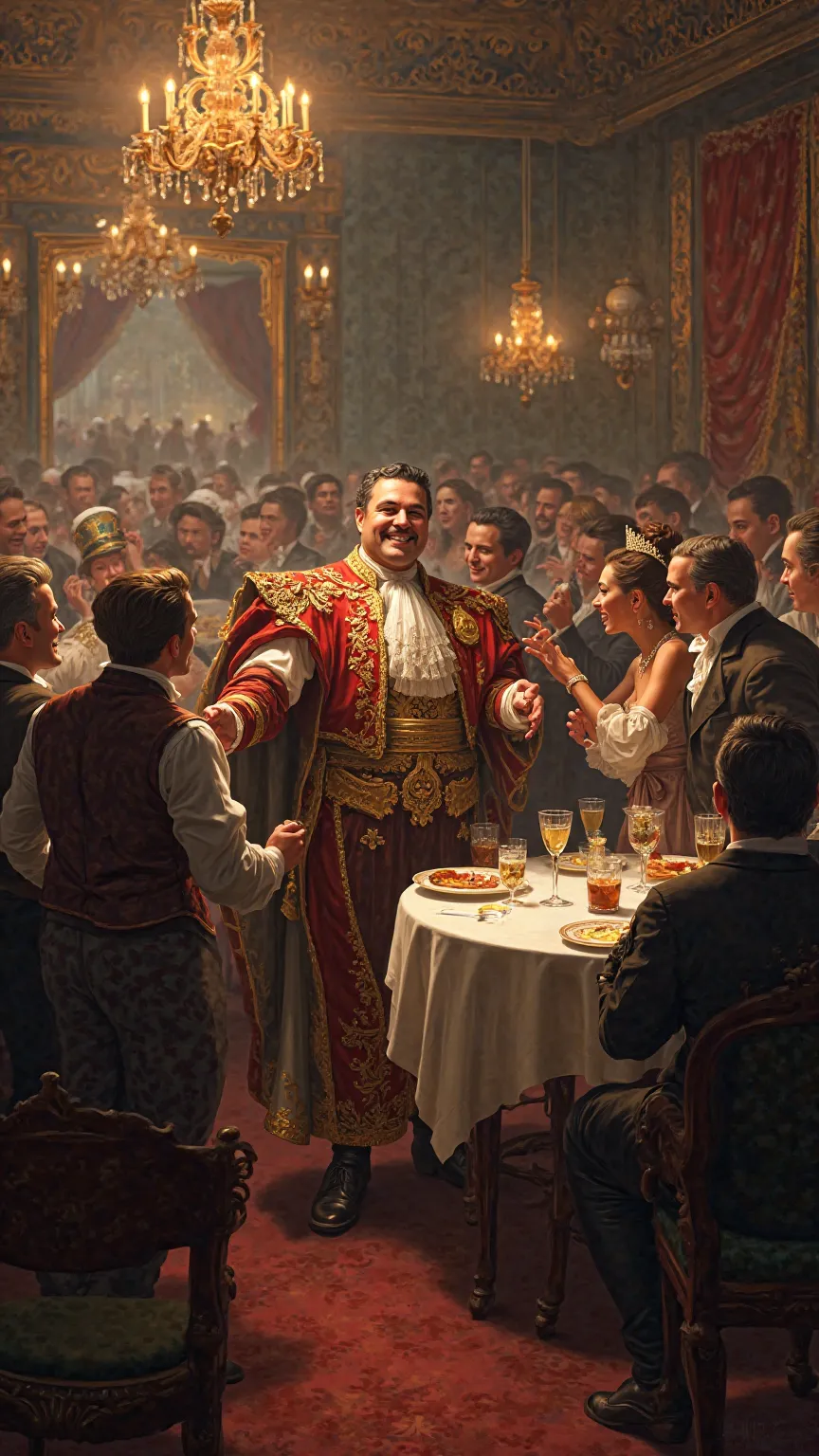 "Lively scene from a 19th century bar or restaurant, with people laughing and toasting, while a man dressed as an emperor is treated like a celebrity."