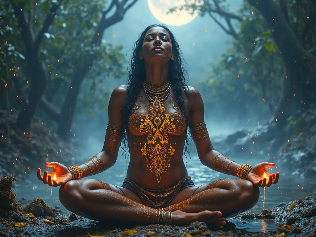 beautiful full body Aboriginal woman meditating magical energy moon