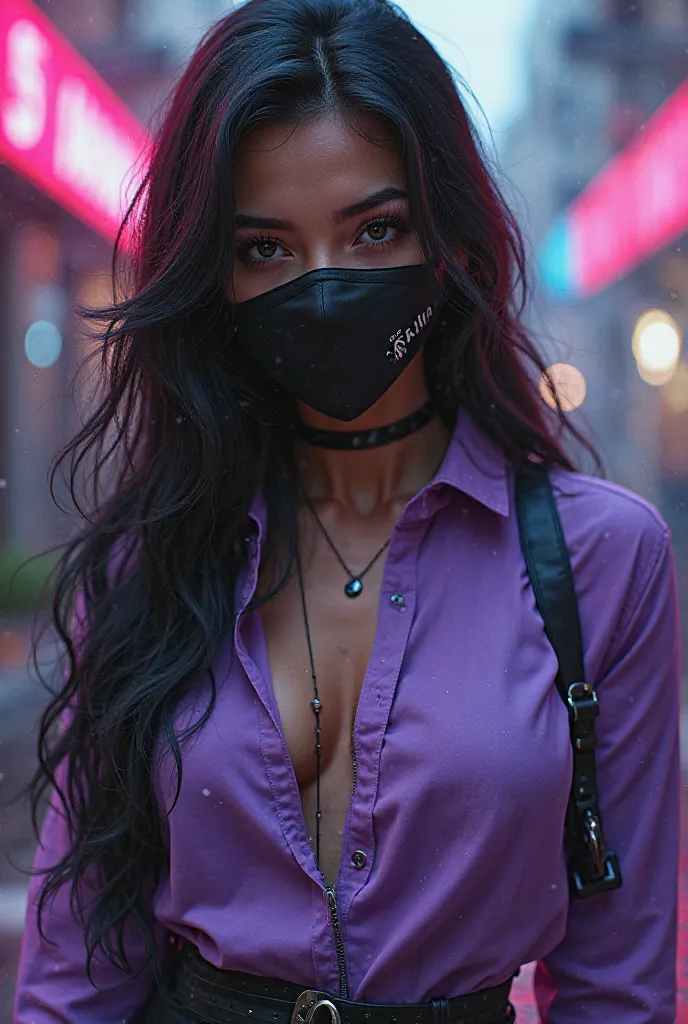 Game Free Fire style female character with long black hair,With black mask and lilac blouse, Written "Ismael"