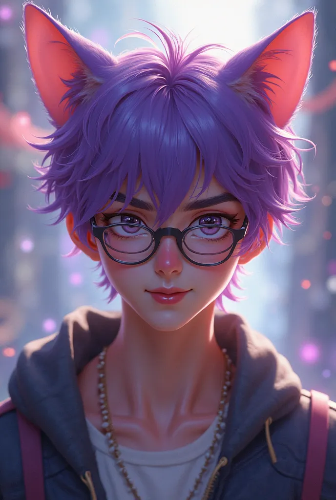  A man with cat ears and purple hair wearing glasses