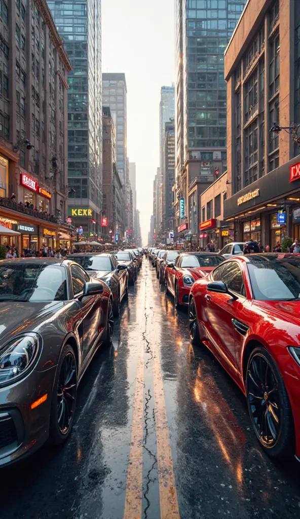 Make a street with several luxury cars on a busy street