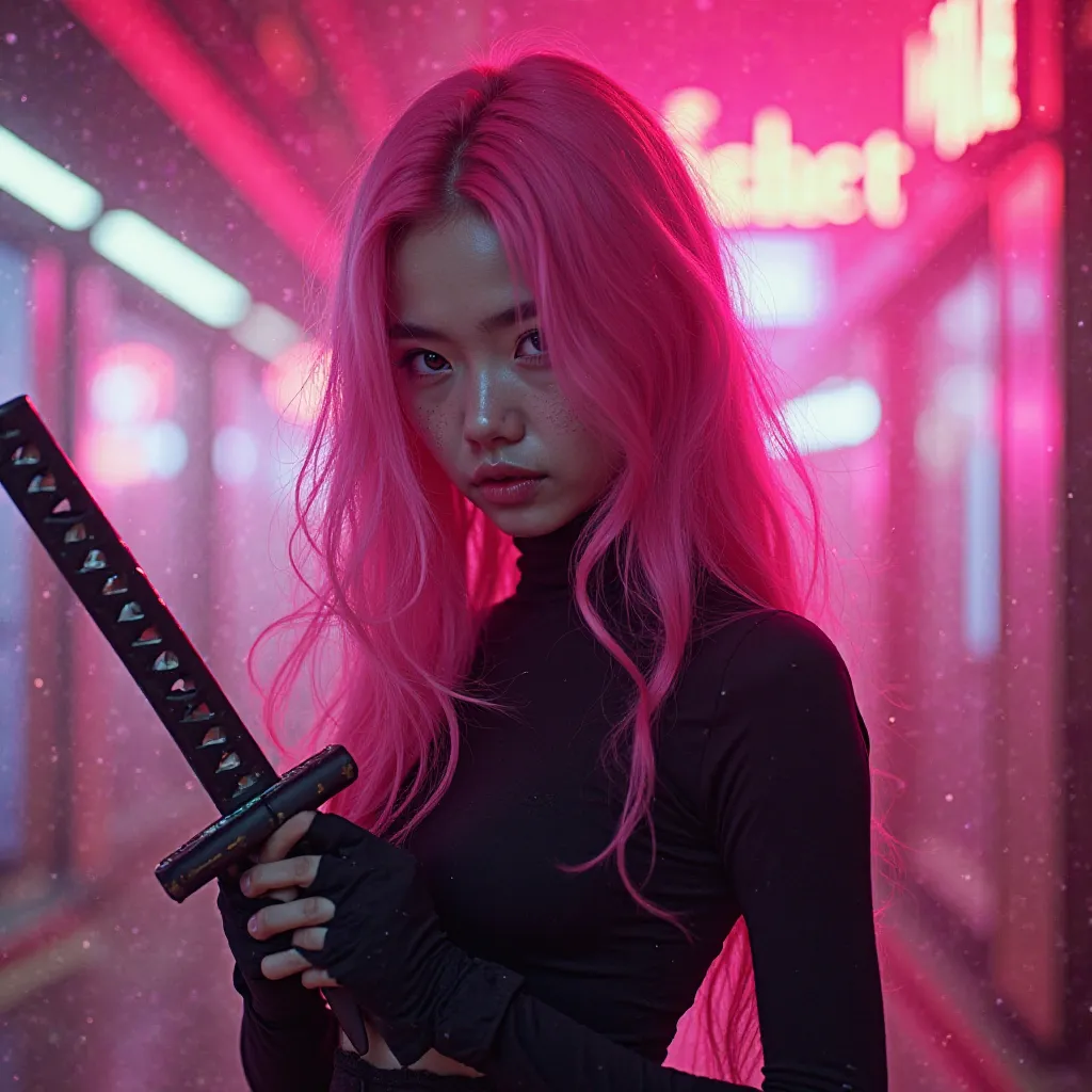  American girl with pink long hair, in a black turtleneck,  in the hands of a katana, neon background “SILENT KILL” pink, гиперrealism,  is super real, realism,  post-apocalypse, 