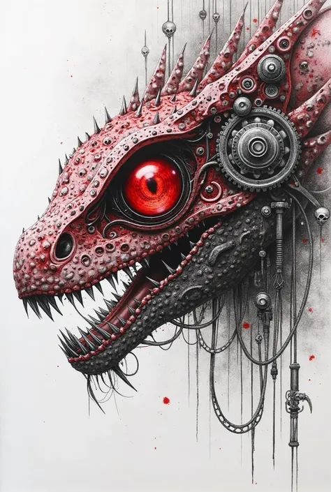 An impressive and highly detailed pencil sketch of an abstract dark red reptile eye, intricately composed of mechanical gears, delicate cables and futuristic design elements. The shading adds depth and complexity to the piece, making it seem almost alive. ...