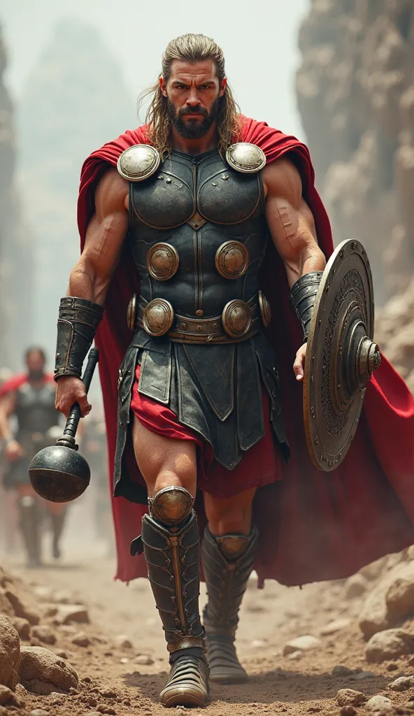 Thor from MARVEL dressed as a Spartan soldier with a cape, Shield and its hammer walking towards the camera