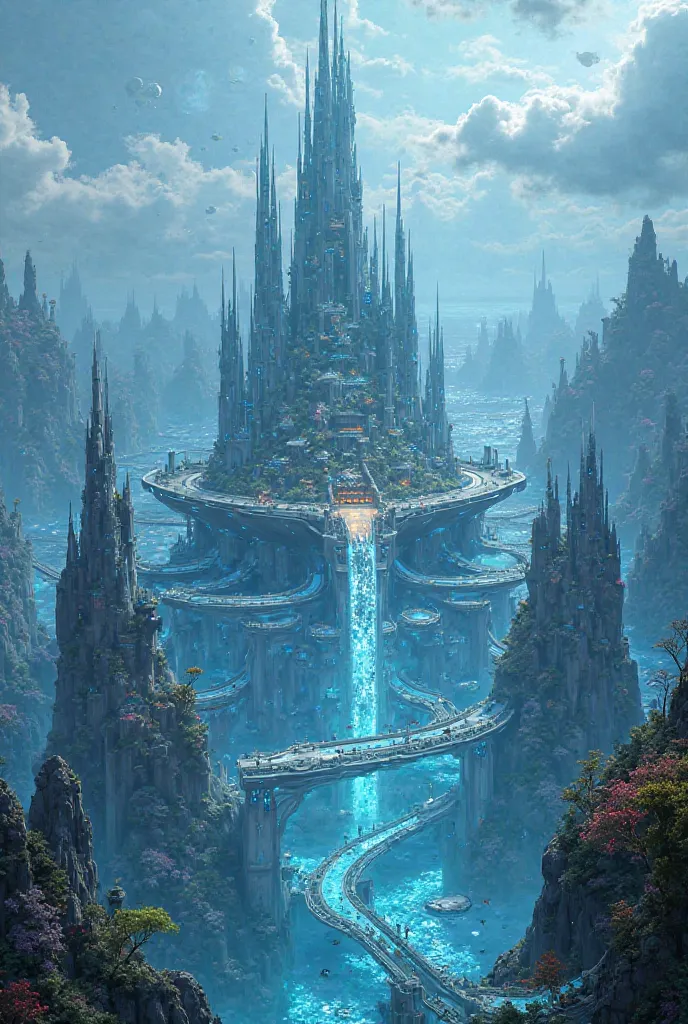 Image of a blue, watery sci-fi city with large castle in the middle and houses scatted around with paths between them and moons in the sky behind everything 

