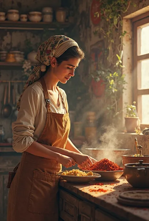 (Home scene. Ahmed is in the kitchen with his mother, grinding the spices. The air is filled with an enchanting aroma. His mother stirs a pot, smiling.)