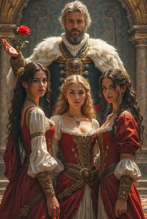 Three women dressed as musketeers , A blonde and two brunettes surrounded by Louis 14 who is holding a red rose 