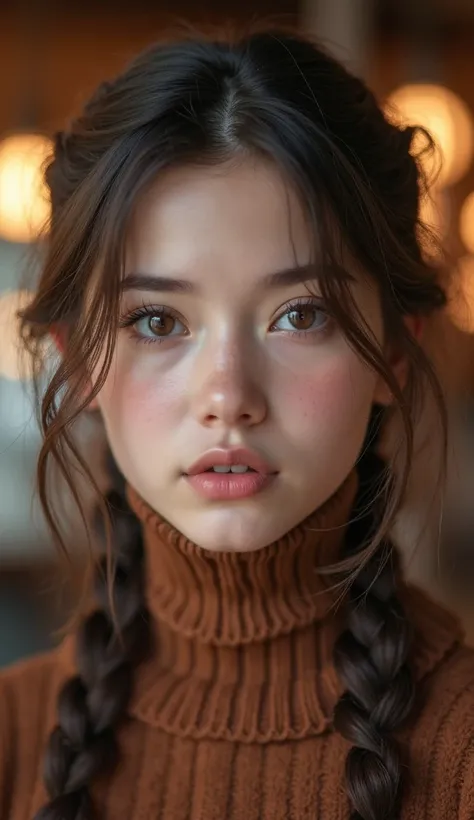 beautiful young girl (18 years old),  face close-up, high quality, photorealistic, Extremely detailed,  detailed face, detailed brown eyes, straight chin, Eastern European facial features, lips closed, brown hair braided in a braid, brown sweater with high...