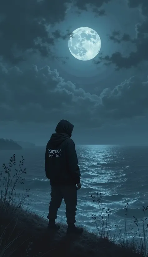 take a picture of a man wearing a black hat and hoodie that says KEYRIES PRO-JCT is brooding on a hill looking at the ocean at night with a feeling of struggle