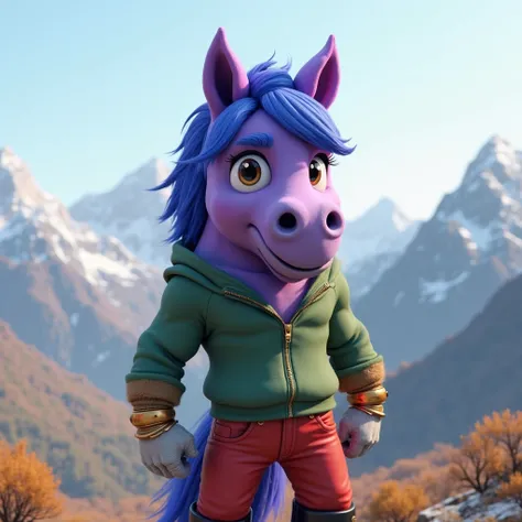 A purple muscular furry horse with a blue mane in gold bracelets, wearing black boots , wearing red pants, in a green zippered sweater with long sleeves, wearing white gloves stands against the background of mountains