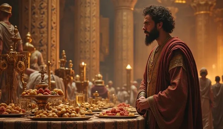 Create an ultra-realistic 16:9 image set in a grand ancient Babylonian palace, where the chief of the eunuchs, dressed in luxurious Babylonian robes, speaks to Daniel with a concerned and anxious expression. Daniel, a young Hebrew man with a resolute yet r...