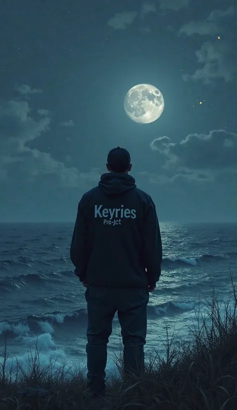 take a picture of a man wearing a black hat and hoodie that says KEYRIES PRO-JCT is brooding on a hill looking at the ocean at night with a feeling of struggle