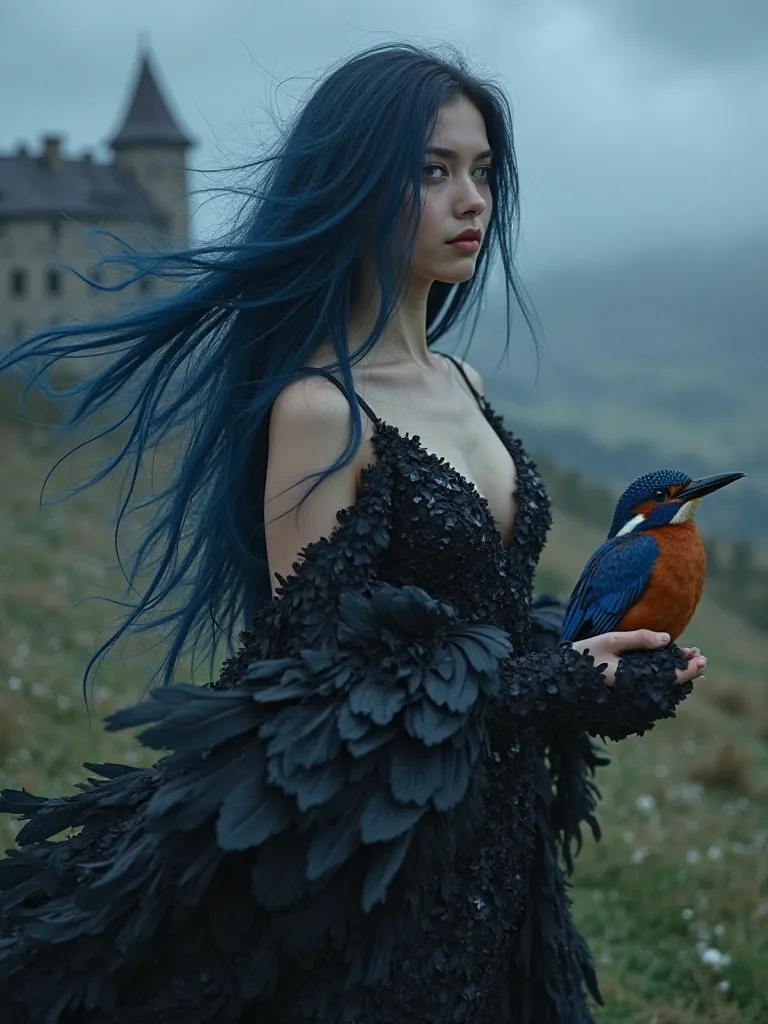 Ultrrealistic ultraphotographic image of a stunning ethereal female with flowing blowing in the wind, long blue black straight hair, exuding an aura of dark fantasy. She is wearing a low cut form fitting dress over her shoulders, made out of shining soft c...