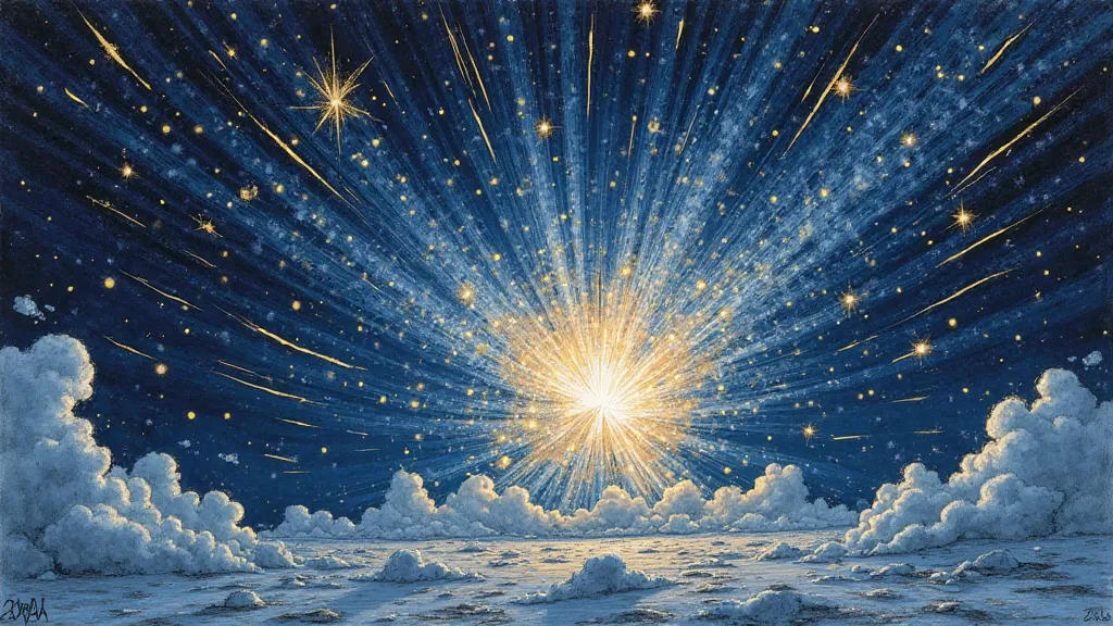 A highly detailed hand-drawn sketch of a cosmic explosion in a starry night sky, with a dramatic burst of blue-maritime and silver light tearing through the darkness, creating cracks in the fabric of reality. Subtle golden runes and constellations float ar...