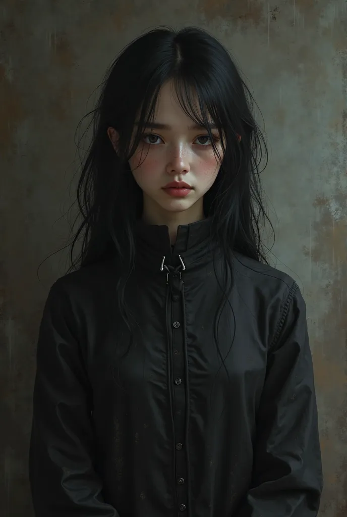 "Portrait of a young woman with sharp features and a dull expression. Her jet-black hair is smooth and long, with a slightly careless look, falling on her face as if she were trying to hide. Her dark eyes reflect a mixture of resignation and sadness, with ...