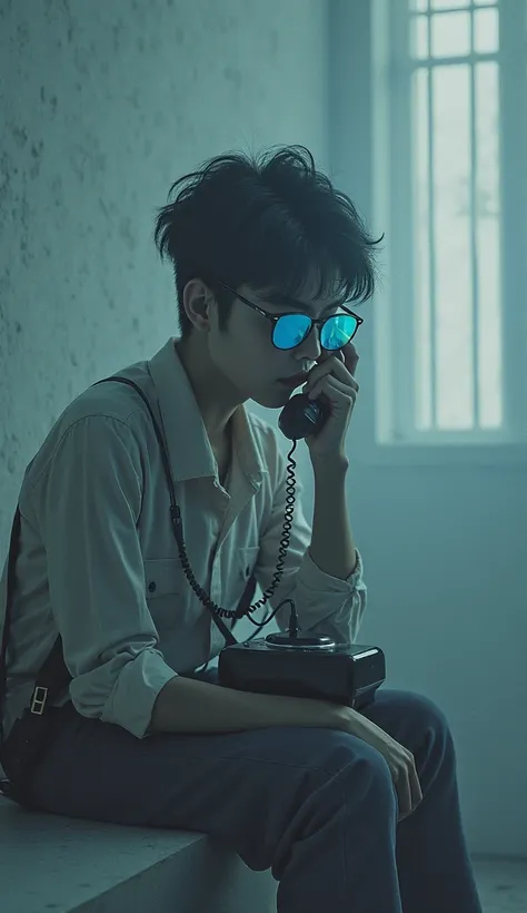 thoughtful character with telephone and shades of blue