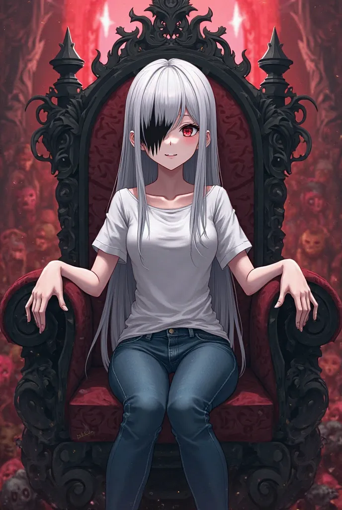 Girl, Long straight silver hair , black patch over left eye , normal right eye with dark red iris , white t-shirt , jeans , one meter and sixty centimeters tall , sadistic smile , full body , Hyper detailed image , complete view of the body , anime style ,...