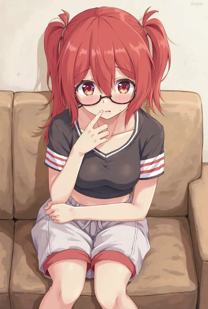 1 Red haired anime girl, NO second girl, casual clothes, wearing crop top and sports shorts, sitting on the couch, flustered expression, avoiding eye contact, blushing deeply red, fidgeting with her fingers, wearing glasses, ponytail hair