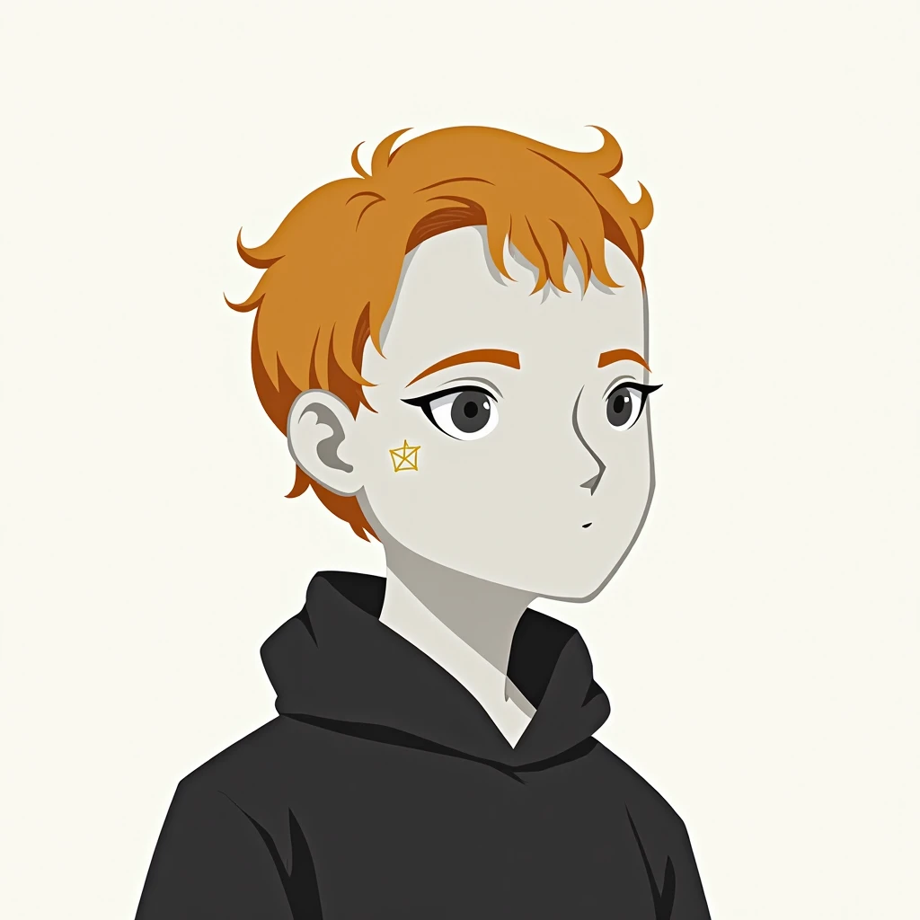 Simple cartoon style portrait of a man. The face must be without eyes and mouth, should only have nose and eyebrows,  stands on a white background . The skin is light gray, in a black hoodie , medium-length golden-red hair slightly curls. The head is not c...