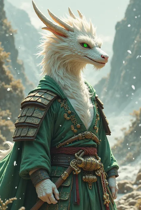 create furry female white dragon green eyes samurai