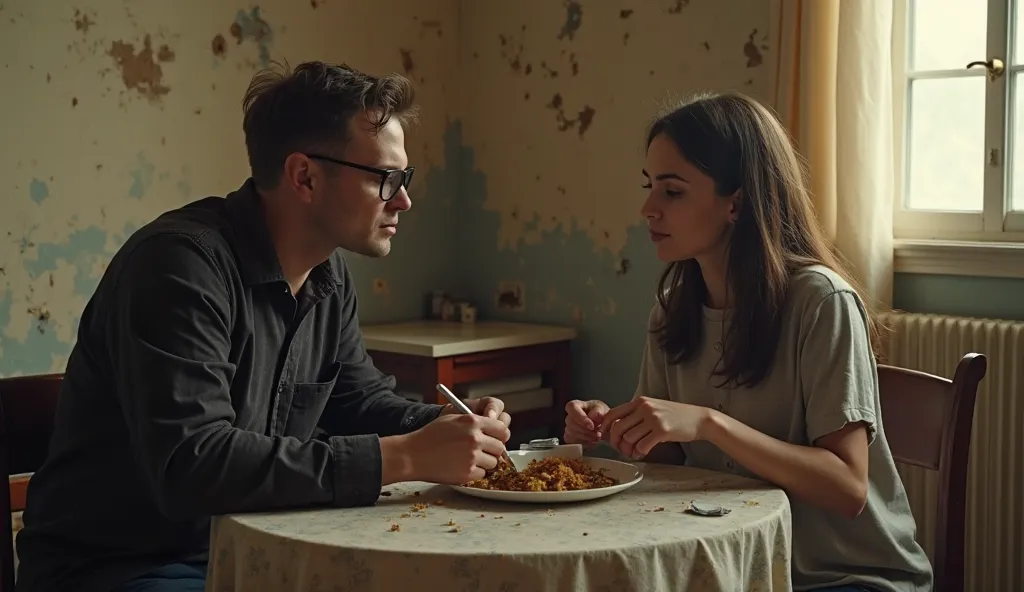 Image of Ethan Lancaster, a 45-year-old blind billionaire with glasses black, and Lily, an  girl of the s, sitting in a simple hotel room with peeling walls and old furniture, sharing a modest meal. The scene should convey the intimacy and trust of the rel...