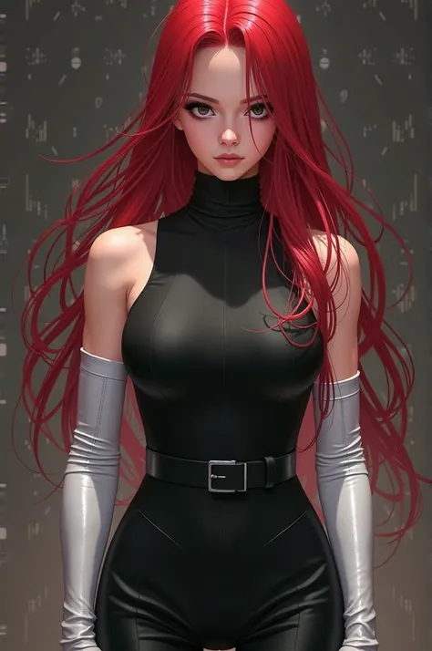 Create a girl with long red hair but collected black eyes in a sleeveless black suit, long white gloves, black lycra and white Naruto socks 