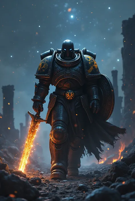 A Warhammer Space Marine of the Black Templars Walking At Night with an energy sword in his right hand and a shield in his left hand after a battle Looking at the Stars 