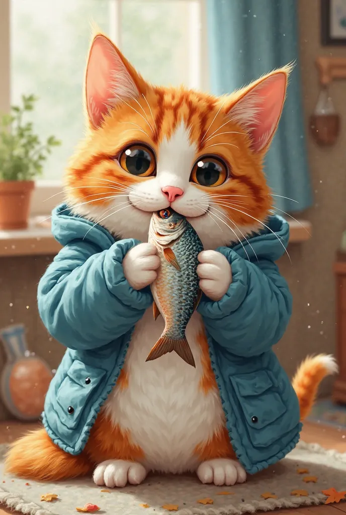 Cute cat in a blue jacket eating fish