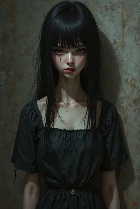 "Portrait of a young woman with sharp features and a dull expression. Her jet-black hair is smooth and long, with a slightly careless look, falling on her face as if she were trying to hide. Her dark eyes reflect a mixture of resignation and sadness, with ...