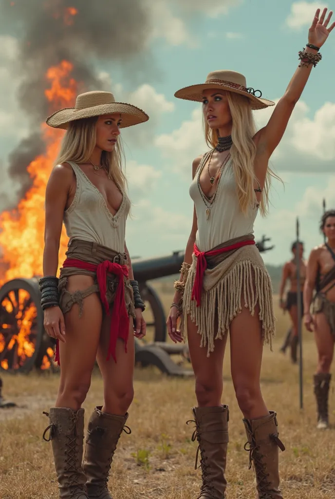 Two beautiful blonde warrior women, wearing a white leotards, red belt, boots, tricorner hat, blue eyes, looking scared, arms raised to give up, in a clearing, standing near a burning American revolutionary war era cannon, in the distance two Latina warrio...