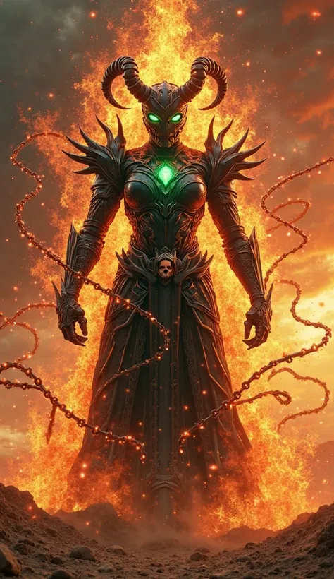 "An epic fusion of two immense powers in a dark desert, under a blood-red sky. From the chaotic energy emerges a single, imposing creature, born of death and vengeance. The creature’s body is an incredible amalgamation of Hela’s black and green Asgardian a...