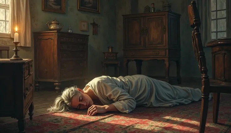 A modest room with antique furniture, lit by candlelight. A 55-year-old woman, with white hair tied up, is passed out on the floor.