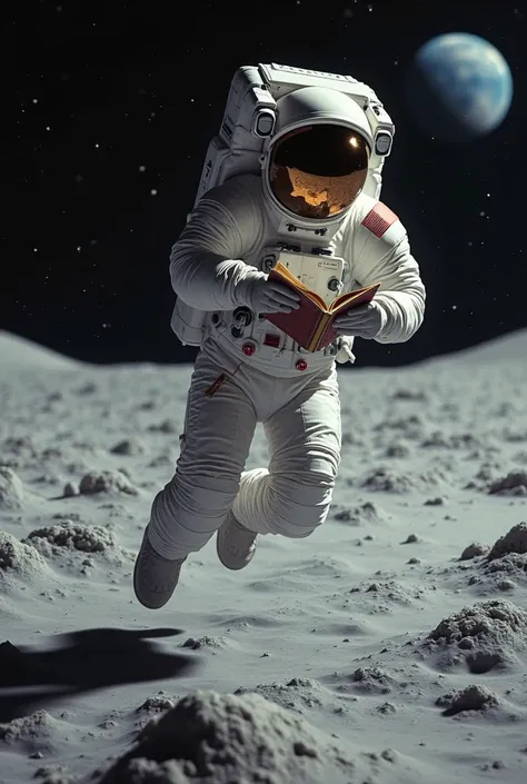 astronaut reads a book upside down, spilled over the moon