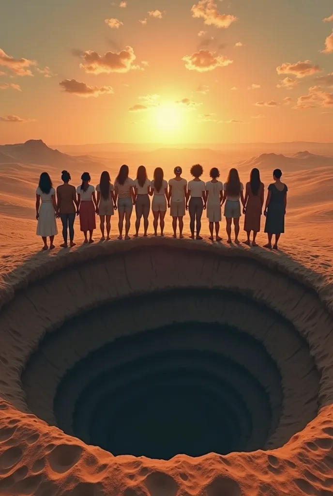 Create an image where 10 women are standing looking at the bottom at the edge of a 10-meter well with infinite depth in a desert at dusk