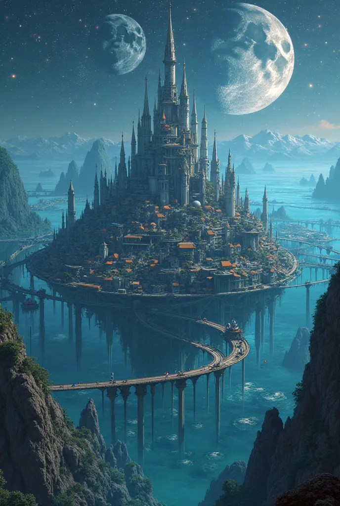 Image of a blue, watery sci-fi city with large castle in the middle and houses scatted around with paths between them and moons in the sky behind everything at night

