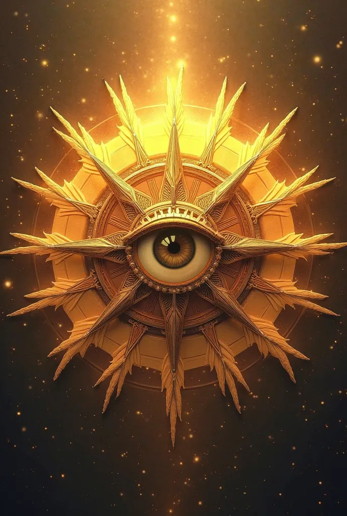 An image of a sun with a compass in the middle and a small eye