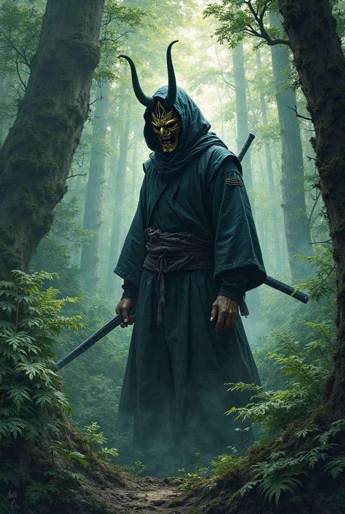 Ninja with a Hannya mask in a forest