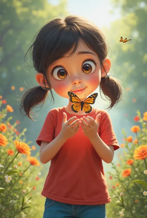 There is a  in blue pants in a red T-shirt with her hair tied on both sides. This girl blows a butterfly flying from the front