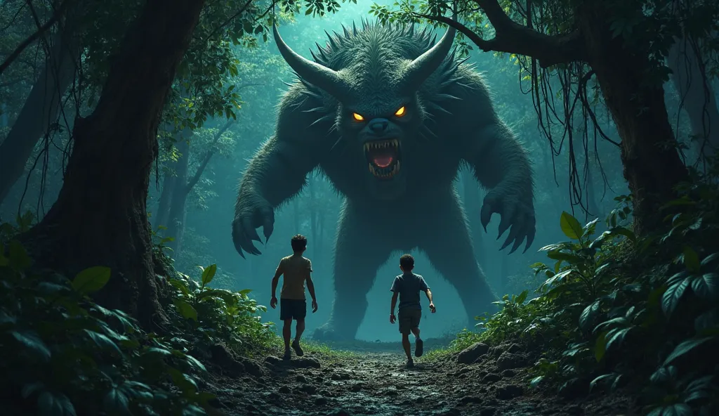 The dense, eerie jungle trembles as a massive beast emerges from the shadows, its glowing eyes fixated on the two brothers. A deafening roar pierces the silence, sending chills down their spines. Suleman and Qasim exchange a panicked glance before sprintin...