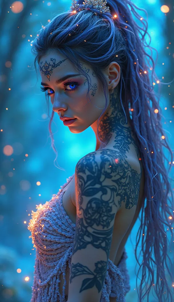 magical beauty, neon, tattooed girl, 4K, sapphire eyes , genie girl