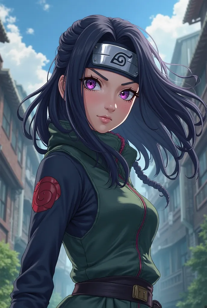 Create an animated series-type anime girl, purple-eyed, black hair,  And the ninja band from Naruto's Leaf Village 