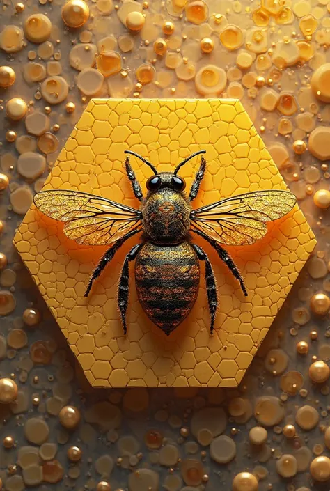 An image of a bee formed using hexagons (like a mosaic) and a hexagon resembling a honeycomb.