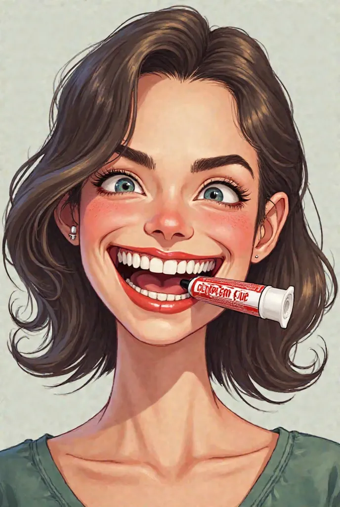 Generate a woman smiling proudly displaying a superglue tube permanently glued between her teeth 