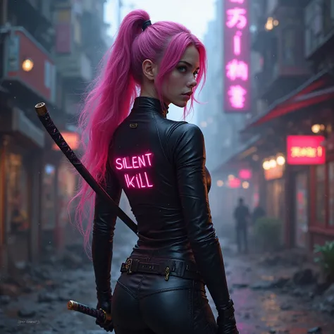  girl with pink flowing very long hair, blue eyes in a black leather suit ,  in the hands of a katana, pink neon “SILENT KILL” lettering on the back, гиперrealism, realism,  post-apocalypse