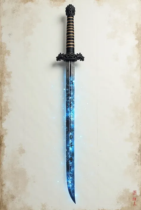 A long curved japanese katana, Kurogami-no-Kotodama ('Spirit of Black Words'). The silver-white blade has glowing kanjis with bioluminescent blue light that shift like living ink. The hilt is wrapped in ancient scrolls sealed with black wax, and the tsuba ...