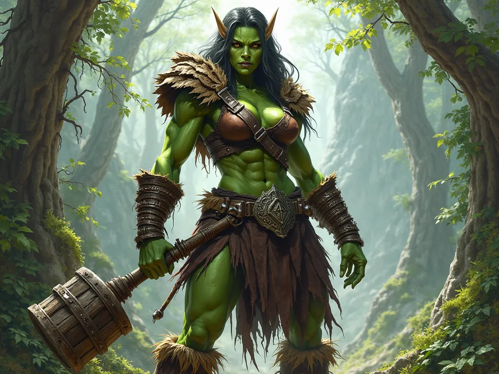 sexy orc woman, orc clothing, green skin, lower jaw tusks, stern expression, club, in nature