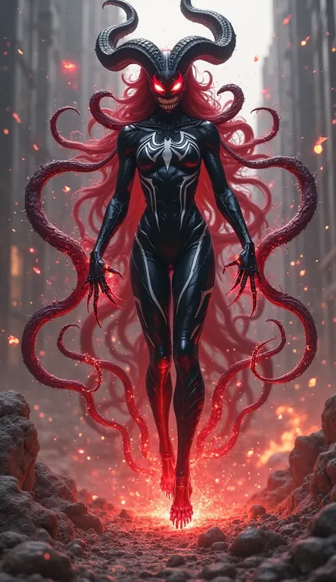 "From the chaos of their battle, Scarlet Witch and Venom merge into a terrifying, formidable hybrid creature — a fusion of raw, dark magic and alien symbiote power. The creature stands tall and menacing, its form a unique blend of both their powers. Its bo...