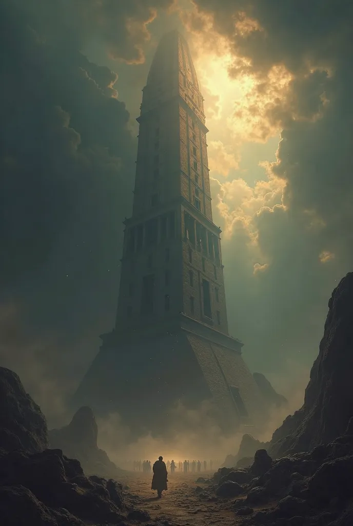 Dark and angry skies, With rays and darkness, Down below the Tower of Babel, which is a gigantic size that touches the universe so immense and you can't see how big it is, people are afraid and terrified, the image is set in ancient times before Christ