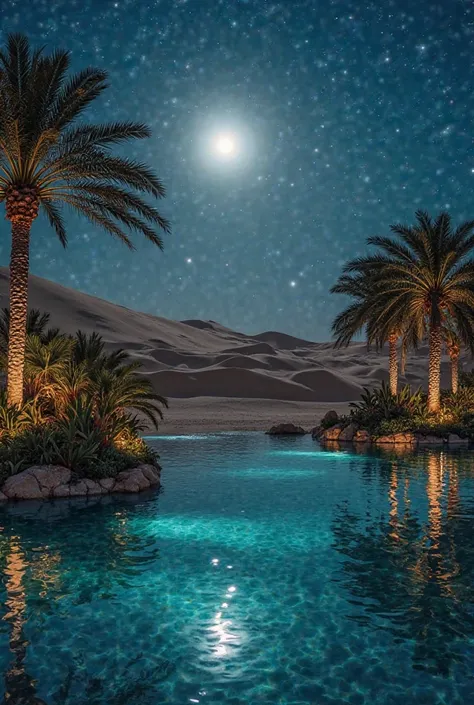 Sublime oasis in the middle of the fine sand dunes in the middle of the desert, numerous palm trees and exotic plants, En pleine nuit croissant de lune se reflète sur une eau translucide et cristalline 