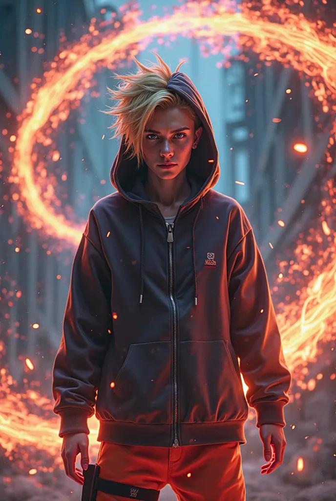 Naruto character in a hoodie, with energy lights 